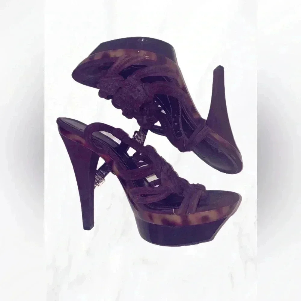 BCBG generation platform  strappy leopard brown suede braided leather heel 8